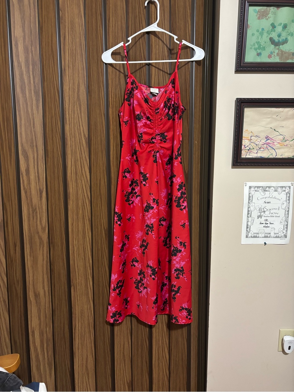 a new day Red Floral Slip Midi Dress with Black Accents